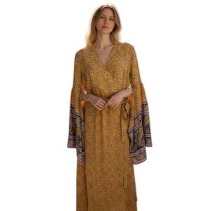 La Boheme Silk Yellow/Pink Floral Midi Wrap Dress with Angel Sleeves Small
